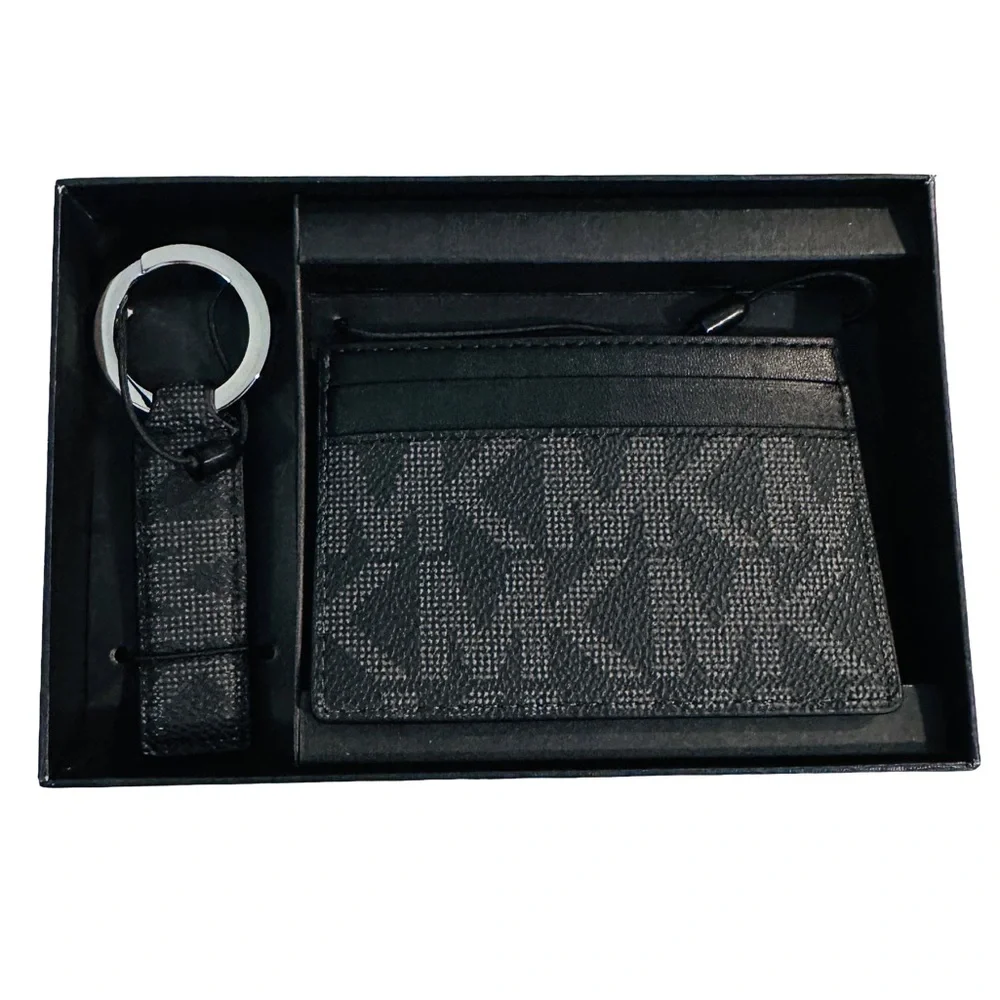 NWT Michael Kors Card Holder with Matching Keychain Black & Gray in box